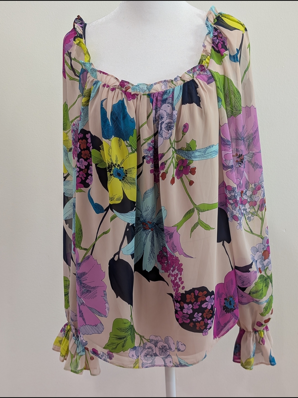 TINA TURK Floral Off-Shoulder Long Sleeve Top in Beige and Multicolor